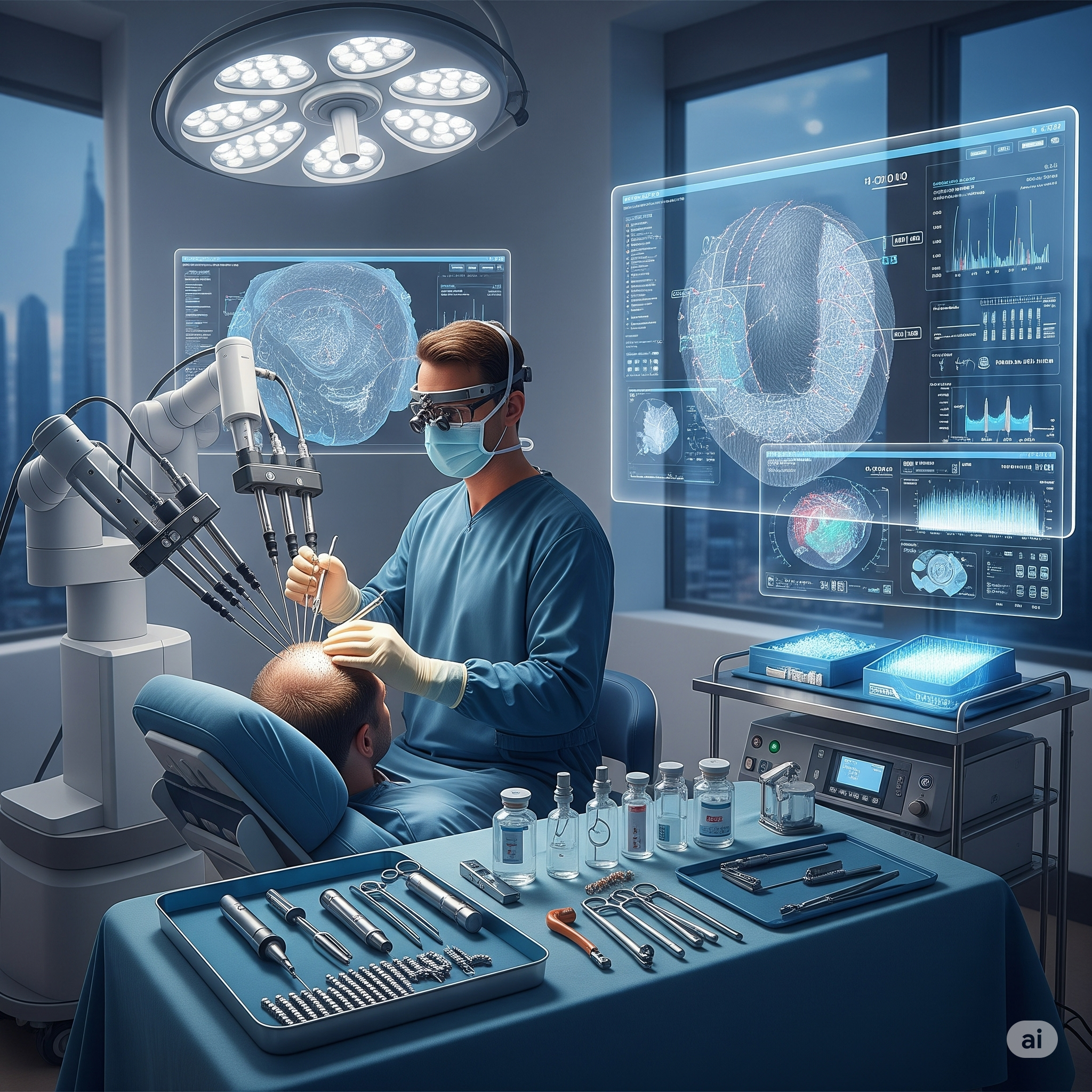 A futuristic hair transplant surgery is performed by a surgeon using a robotic arm in a modern clinic.