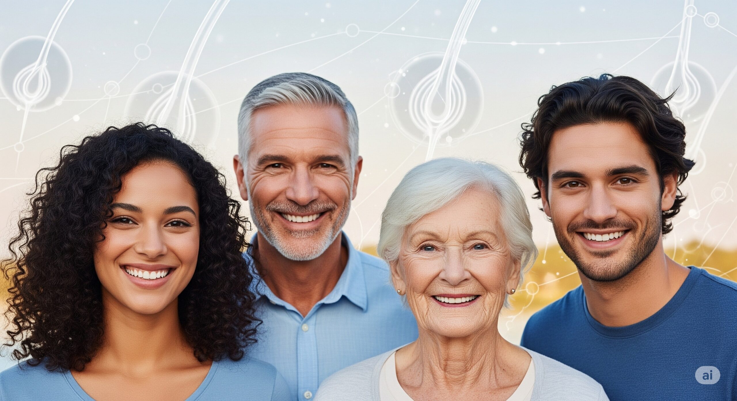 A diverse group of people smiling confidently, representing the positive outcomes of a hair transplant procedure.
