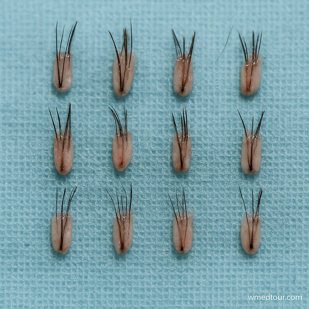 Microscopic view of hair transplant grafts arranged on a tray