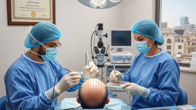 A surgeon in Iran performing a hair transplant on a male patient in a modern, well-lit clinic.