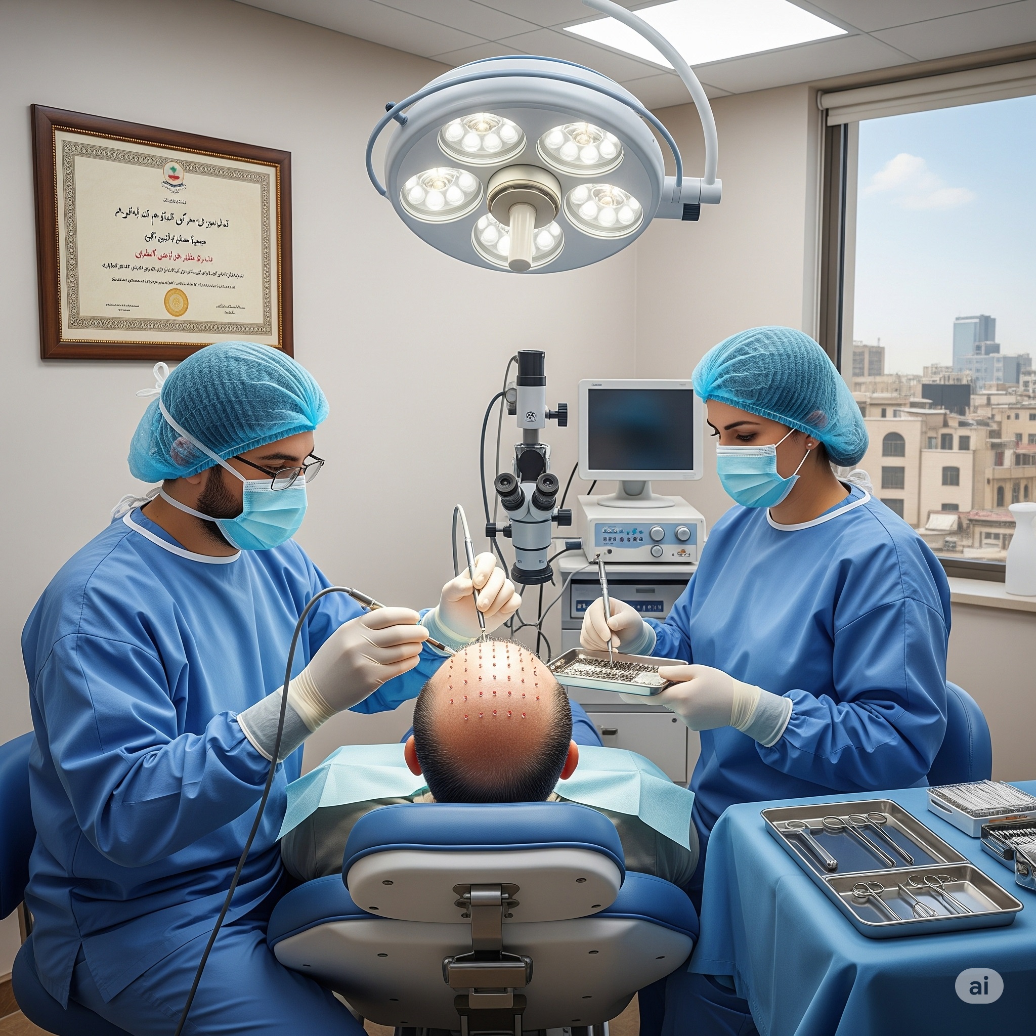 A surgeon in Iran performing a hair transplant on a male patient in a modern, well-lit clinic.