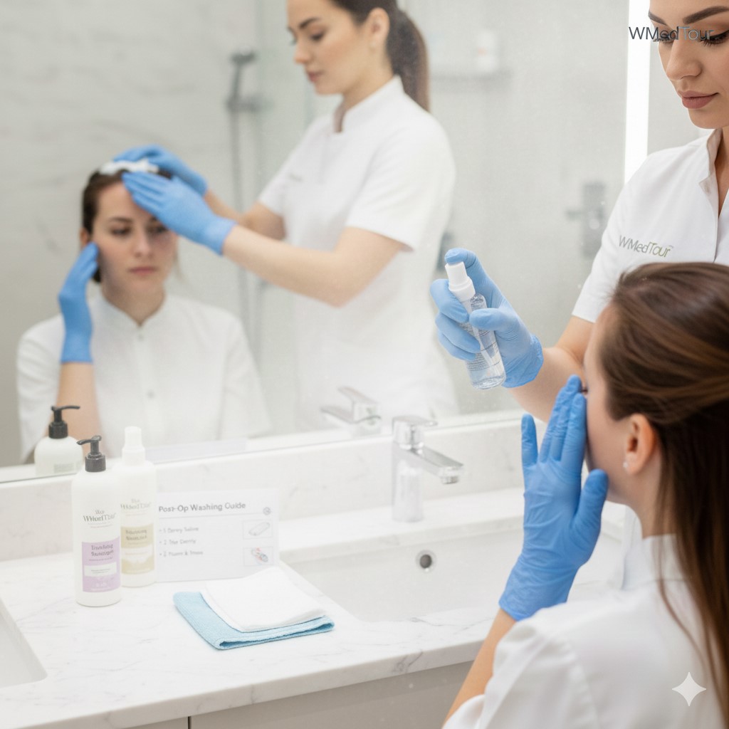 A medical professional wearing blue gloves demonstrates the gentle tapping motion for washing hair after a transplant procedure, showing specialized post-op care products.