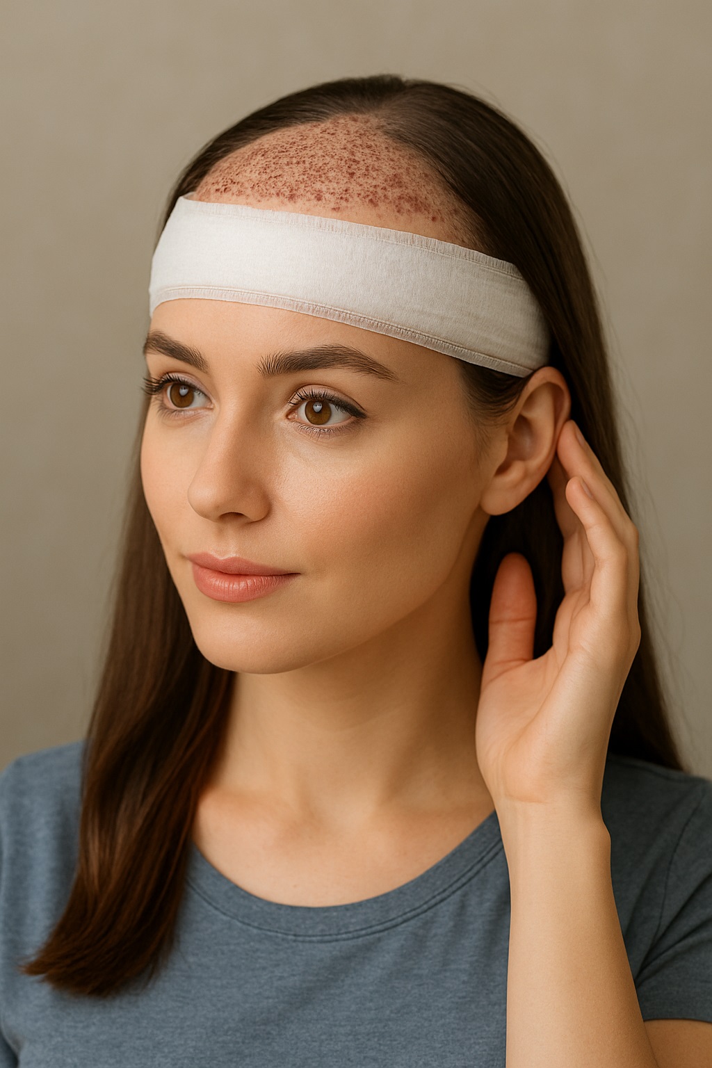 Young woman recovering from hair transplant surgery with bandage and visible grafts on scalp