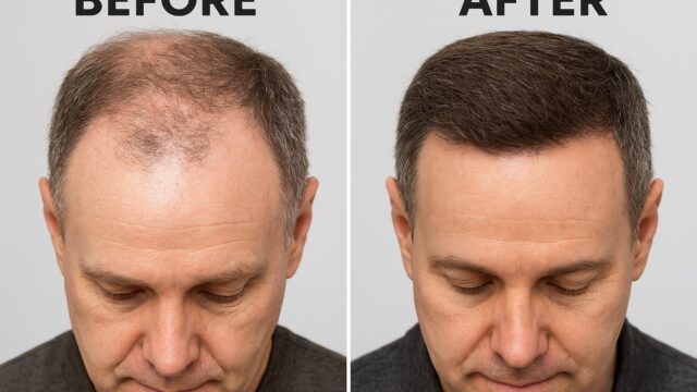 Before and after hair transplant showing restored hairline and density