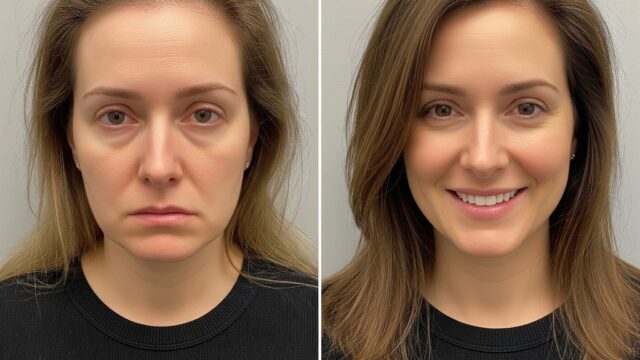 A split image showing a woman before and after a successful hair transplant