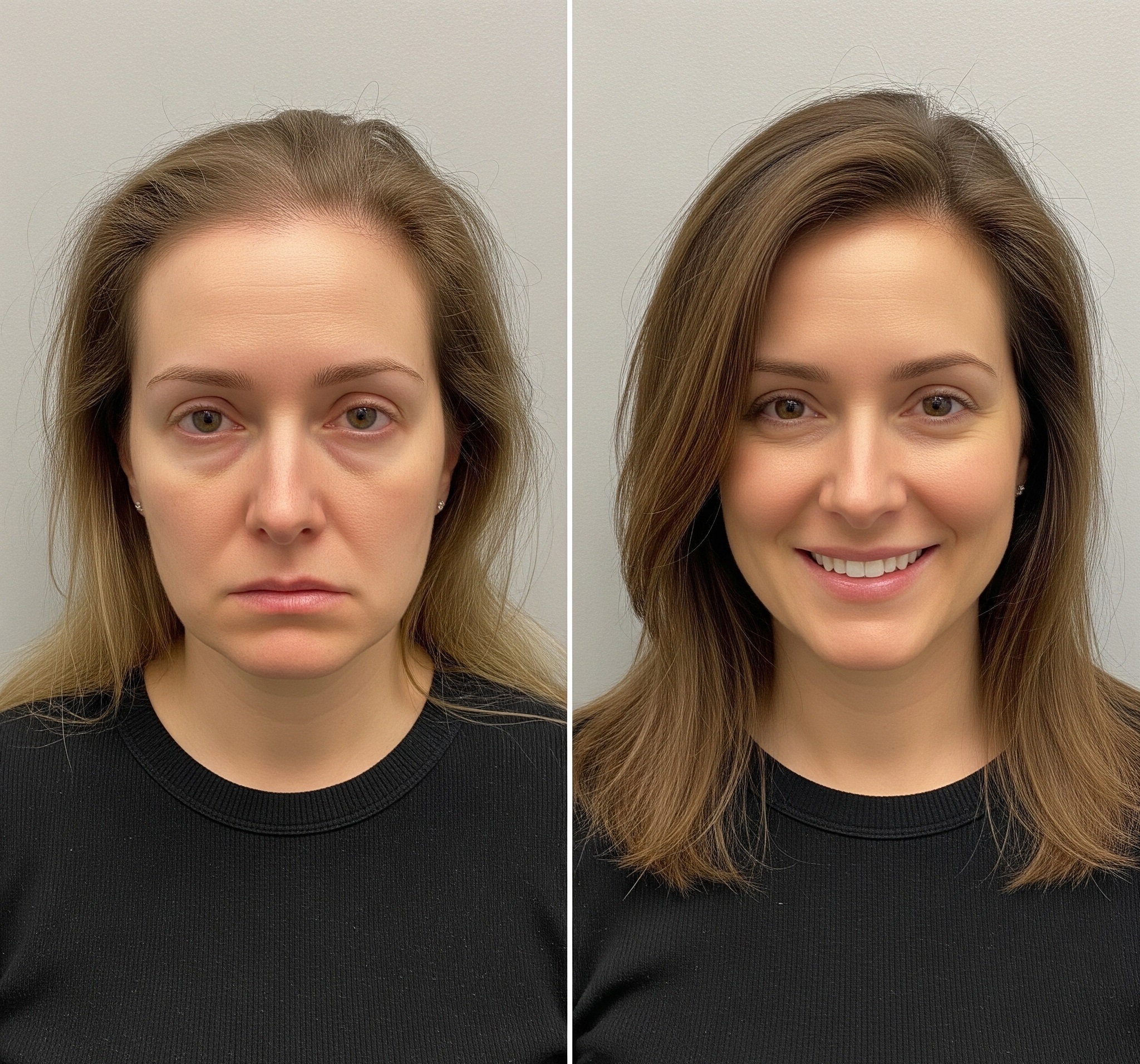 A split image showing a woman before and after a successful hair transplant