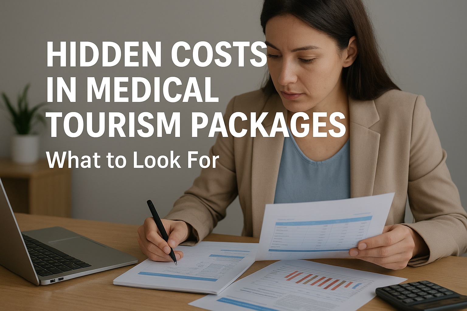 A woman reviewing financial documents with overlay text highlighting hidden costs in medical tourism packages