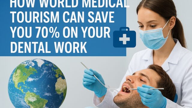 Smiles Abroad Saving Big with Global Dental Tourism A smiling patient receiving dental care from a professional dentist abroad, with a globe and suitcase icon symbolizing international medical travel.