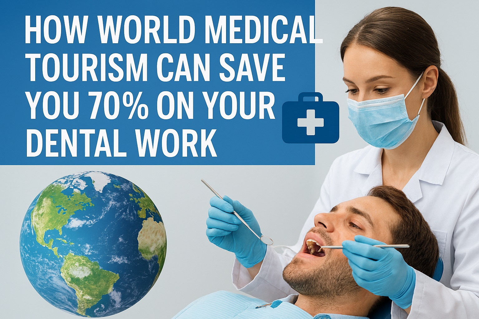 A smiling patient receiving dental care from a professional dentist abroad, with a globe and suitcase icon symbolizing international medical travel.