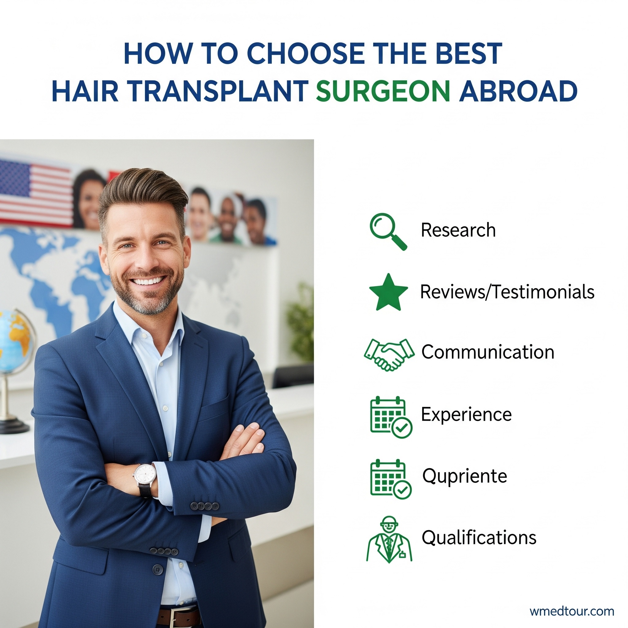 A split-screen promotional image for "How to Choose the Best Hair Transplant Surgeon Abroad." The left side shows a man with a full head of hair, while the right side displays icons representing key factors for choosing a surgeon, such as research, reviews, and qualifications. The image has a "wmedtour.com" watermark.