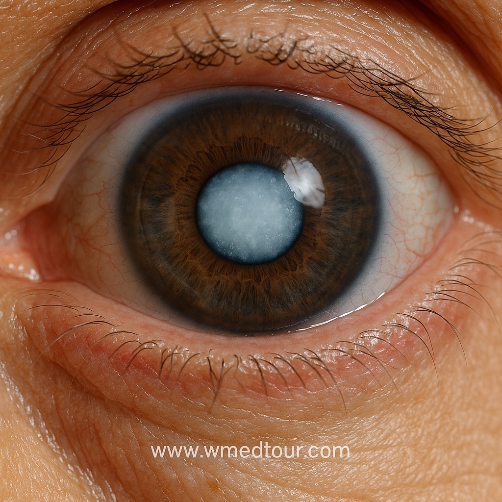 Close-up of a human eye affected by an ICCE cataract, showing a frosty white opacity in the lens with detailed iris and blood vessels.