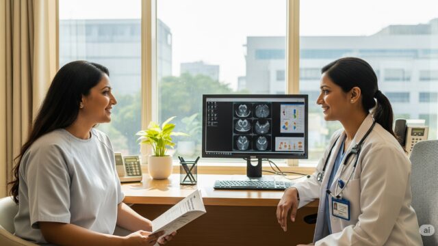 Hope and Healing Oncology Treatment in India A hopeful patient and a compassionate oncologist consulting in a modern, sunlit hospital in India.