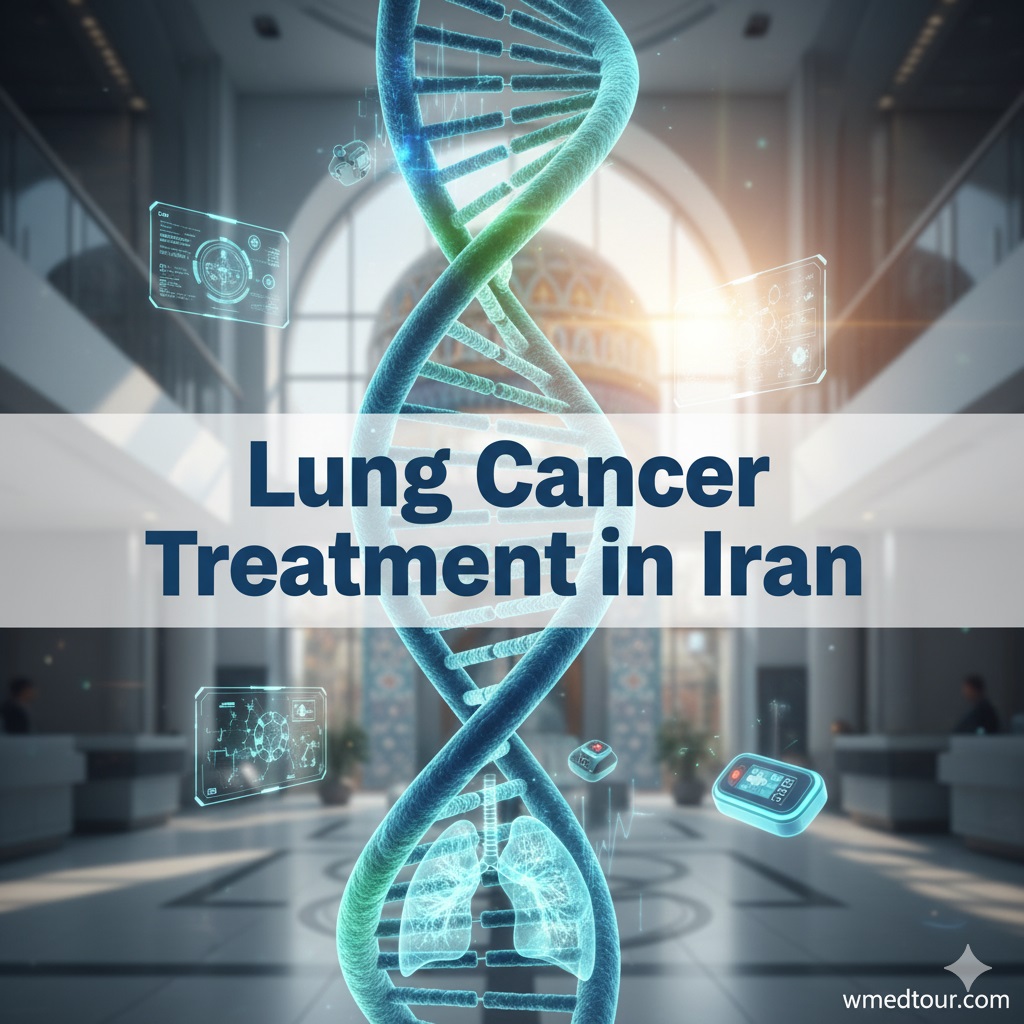 3D illustration of Ac-225 targeted alpha therapy (TAT) molecule treating metastatic lung cancer cells, symbolizing advanced medical technology in Iran.