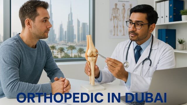 Orthopedic doctor in Dubai explaining knee anatomy to patient during consultation in a modern clinic with skyline view