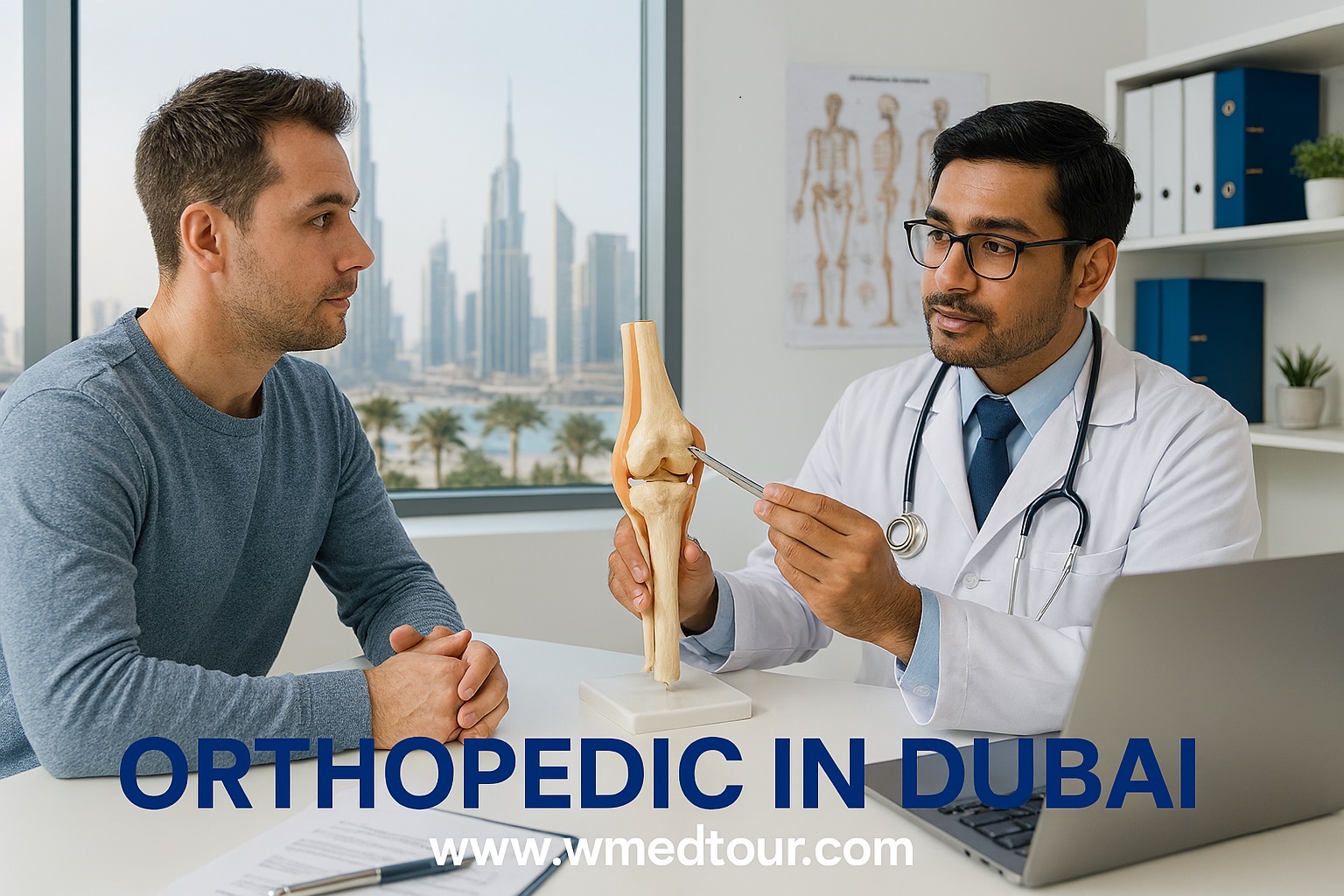 Orthopedic doctor in Dubai explaining knee anatomy to patient during consultation in a modern clinic with skyline view