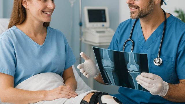 Global Orthopedic Care Orthopedic surgeon showing a knee X-ray to a smiling patient with a knee brace in a modern hospital room, promoting medical tourism