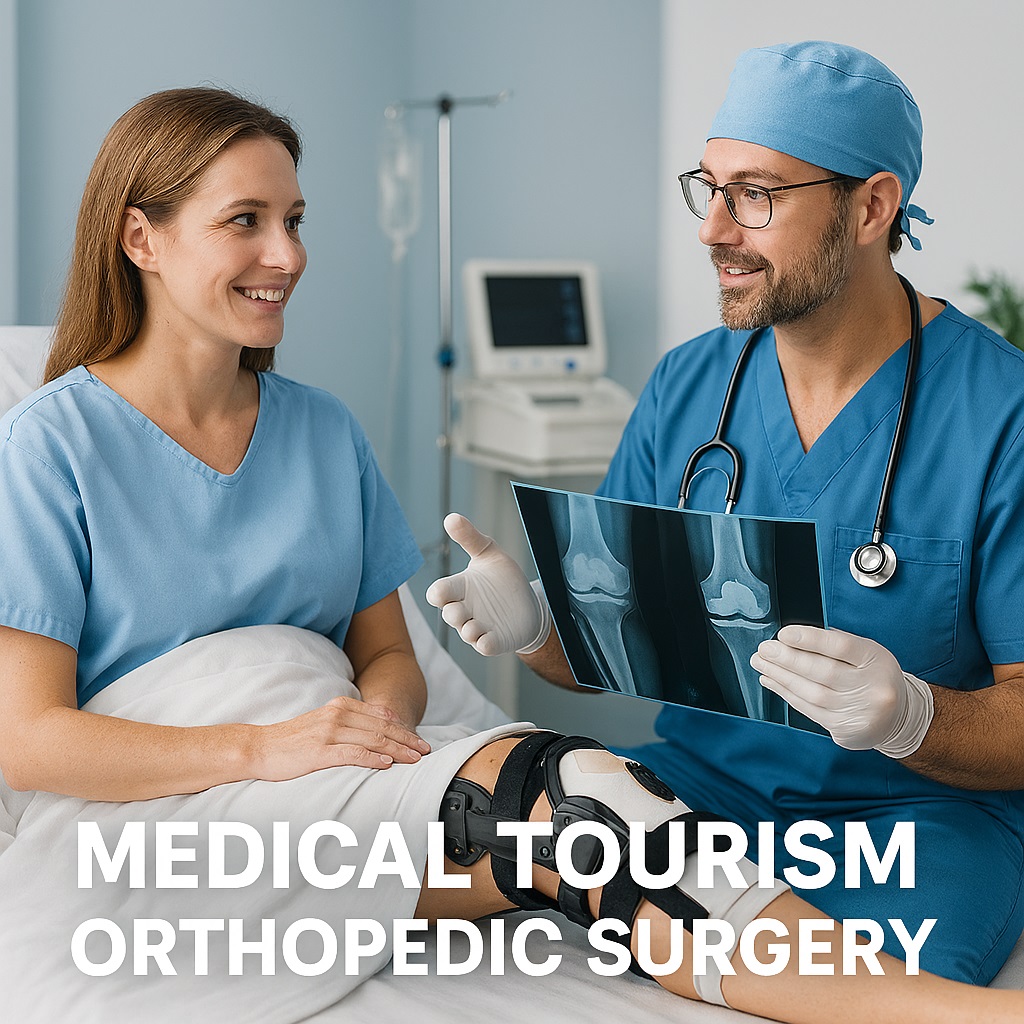 Orthopedic surgeon showing a knee X-ray to a smiling patient with a knee brace in a modern hospital room, promoting medical tourism