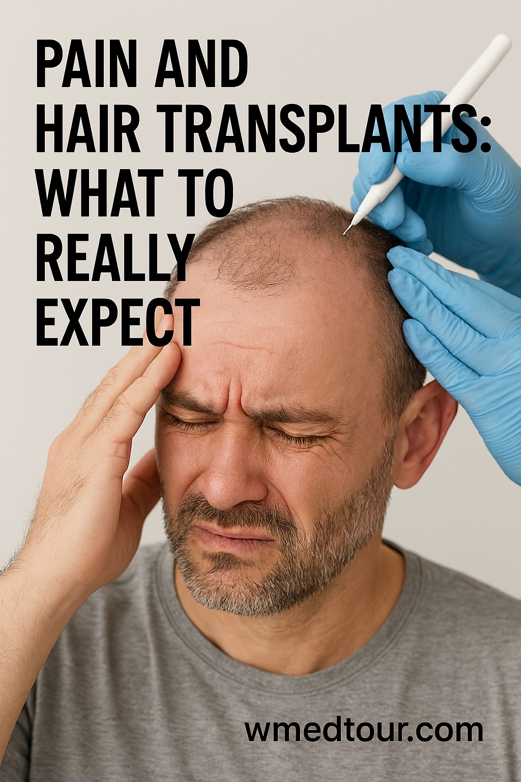 A close-up image of a man with a pained expression undergoing a hair transplant procedure. A medical professional wearing blue gloves uses a needle-like instrument on the man's scalp. Bold text reads “Pain and Hair Transplants: What to Really Expect,” and the watermark “wmedtour.com” appears in the bottom right corner.