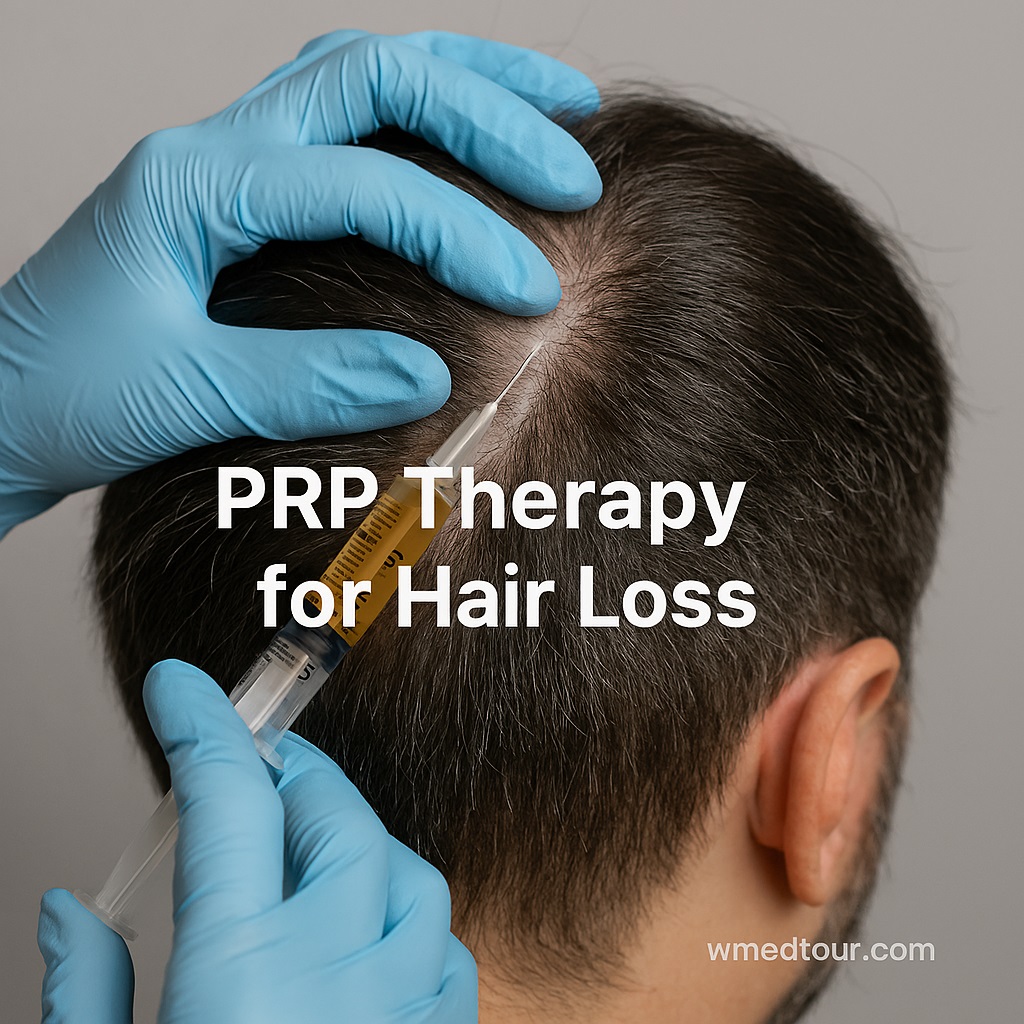 PRP therapy being administered to a patient’s scalp for hair loss treatment, with syringe and gloved hands visible