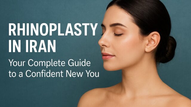 Rhinoplasty in Iran Confident woman with refined nose profile, set against Persian architectural backdrop, representing rhinoplasty in Iran