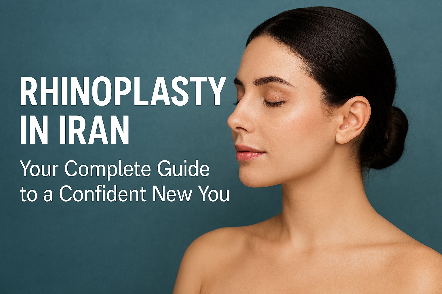 Confident woman with refined nose profile, set against Persian architectural backdrop, representing rhinoplasty in Iran