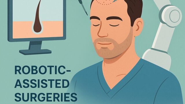 A close-up shot of the ARTAS robotic hair transplant system, showing a doctor overseeing the robotic arm as it precisely extracts hair follicles from a pati