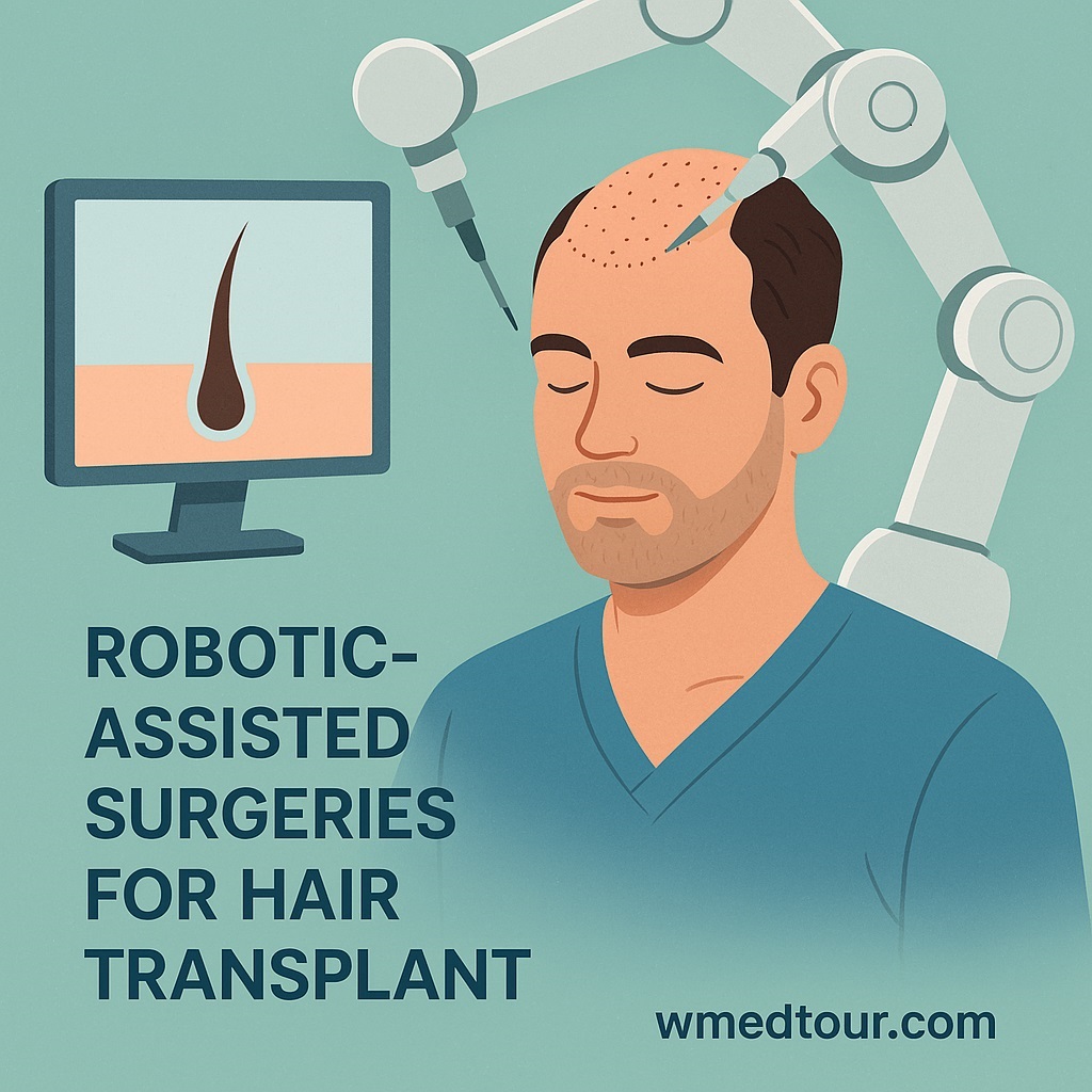 A close-up shot of the ARTAS robotic hair transplant system, showing a doctor overseeing the robotic arm as it precisely extracts hair follicles from a pati