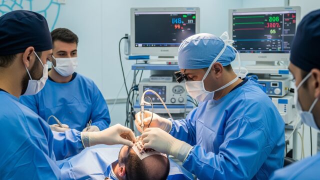 A close-up, high-definition photo of a skilled surgeon wearing a mask and gloves, meticulously implanting hair follicles on a patient's scalp in a clean, modern clinic. The sterile environment and specialized tools are visible, emphasizing professionalism and advanced technology.