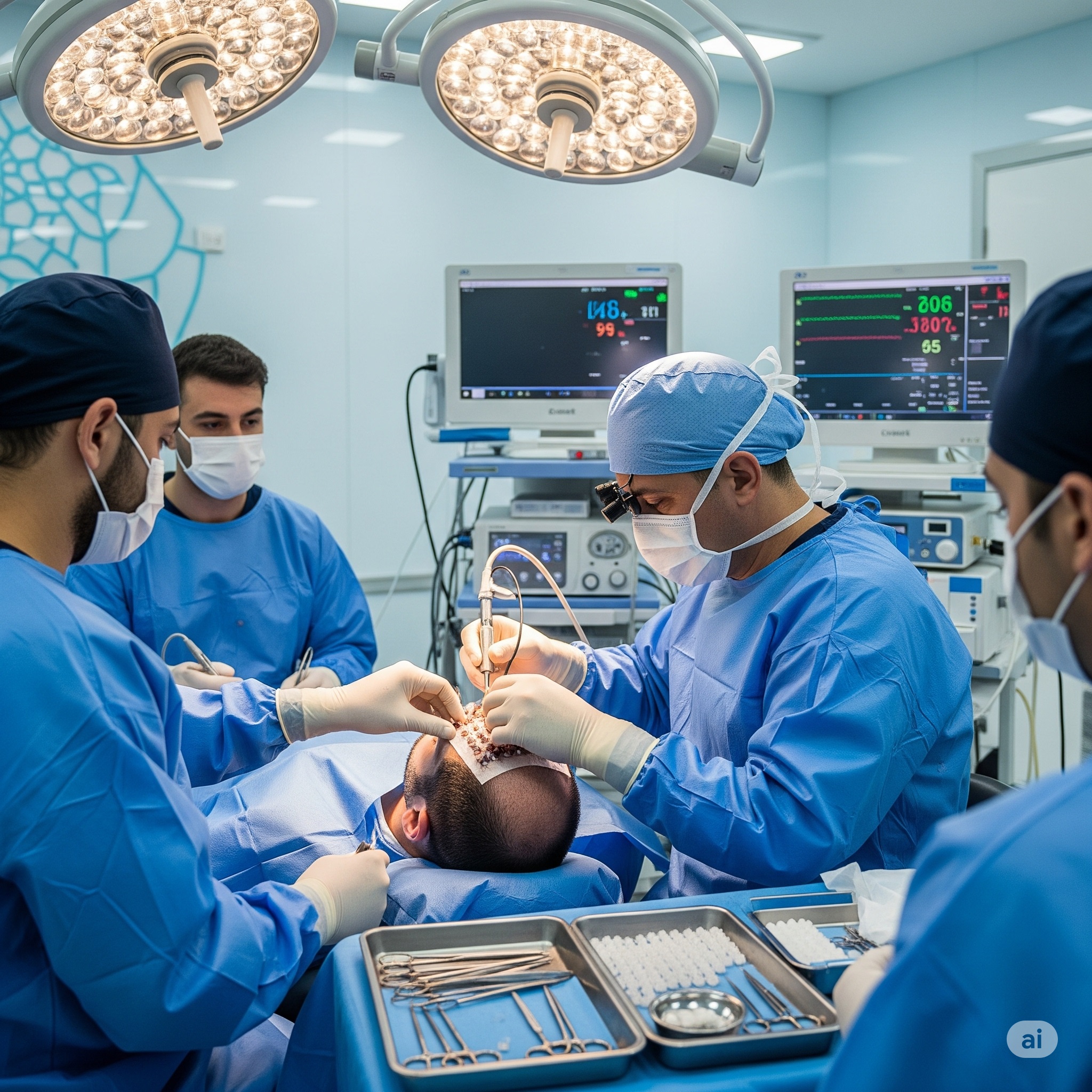 A close-up, high-definition photo of a skilled surgeon wearing a mask and gloves, meticulously implanting hair follicles on a patient's scalp in a clean, modern clinic. The sterile environment and specialized tools are visible, emphasizing professionalism and advanced technology.