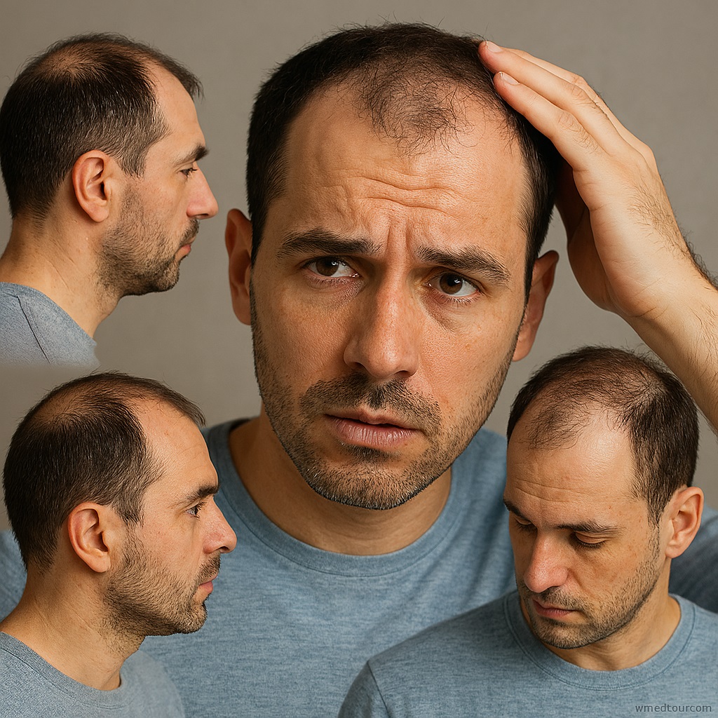 Illustration showing seven different patterns of hair loss on male and female scalps