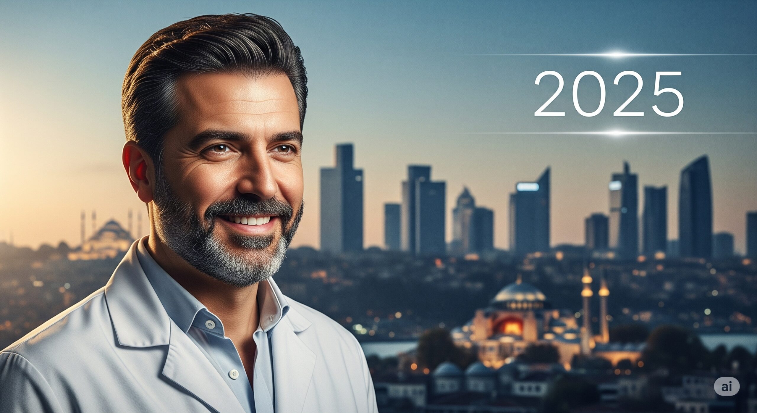 A high-definition, cinematic photo of a smiling man with a full head of hair, with the modern Istanbul skyline in the blurred background and a subtle '2025' graphic.
