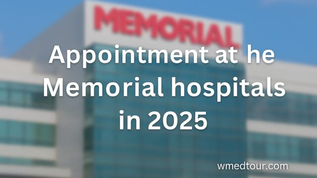 Hospital reception area with staff greeting international patients, featuring headline text