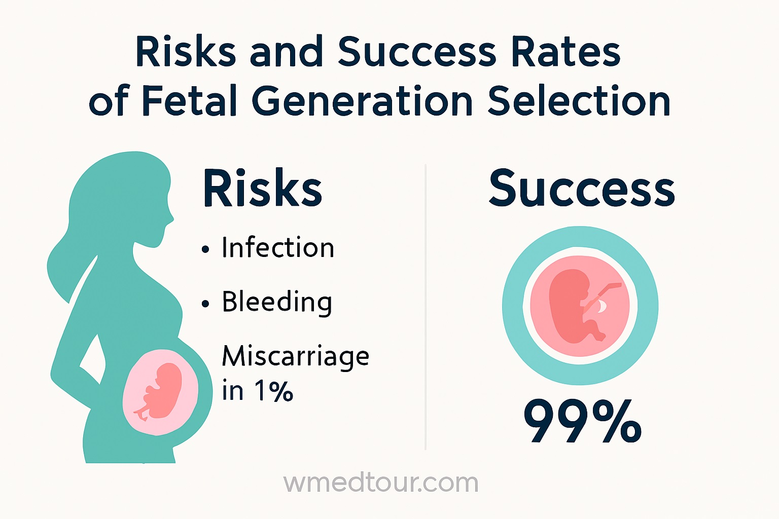 Infographic showing risks and success rates of fetal generation selection, with illustrations of a pregnant woman and embryo.