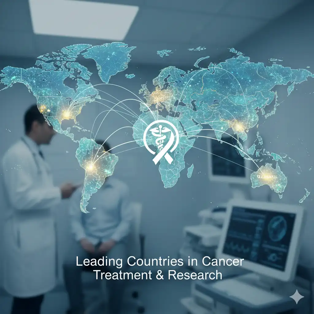 A digital world map with glowing nodes and connection lines overlaying a blurred medical setting. A white medical icon featuring a caduceus and ribbon is centered over the map. In the foreground, a doctor consults with a patient near medical monitors.