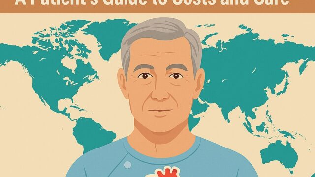 Elderly patient with illustrated heart overlay in front of a world map, representing global cardiac surgery options