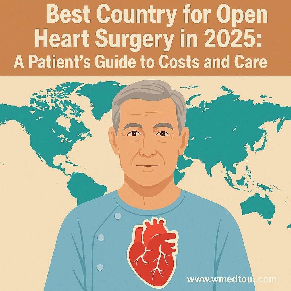Elderly patient with illustrated heart overlay in front of a world map, representing global cardiac surgery options