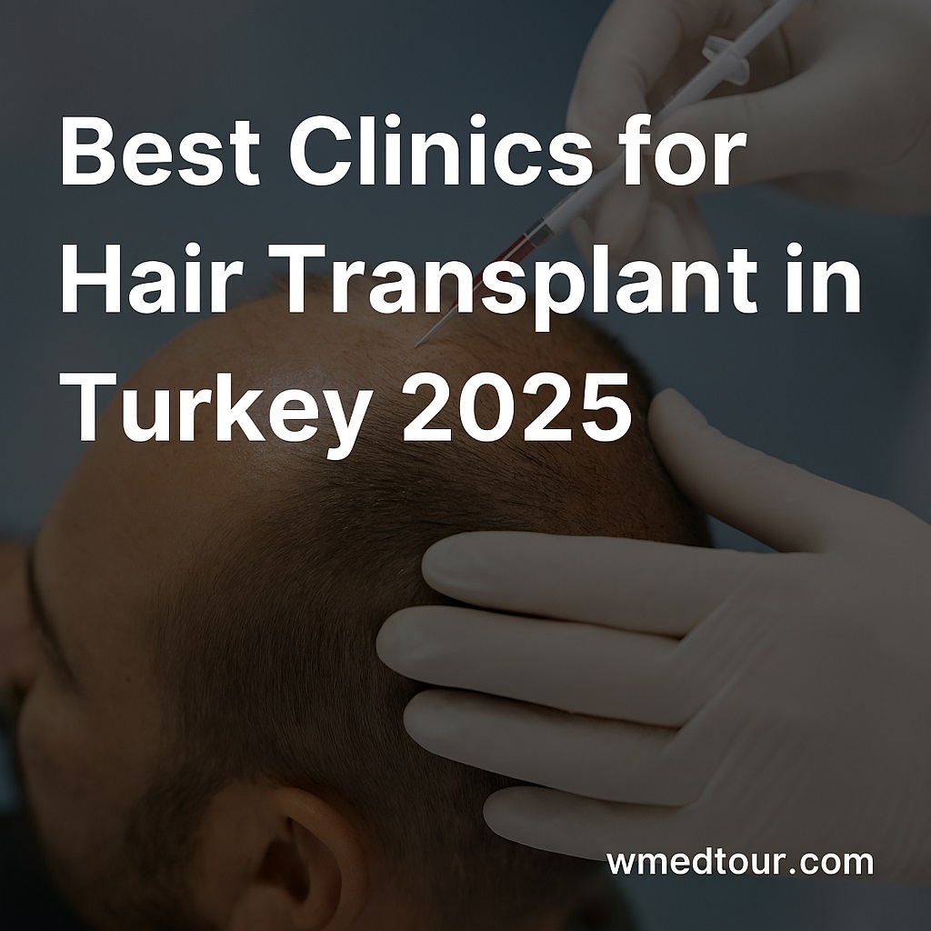 Close-up of a hair transplant procedure in Turkey with syringe and gloved hands, labeled “Best Clinics for Hair Transplant in Turkey 2025”