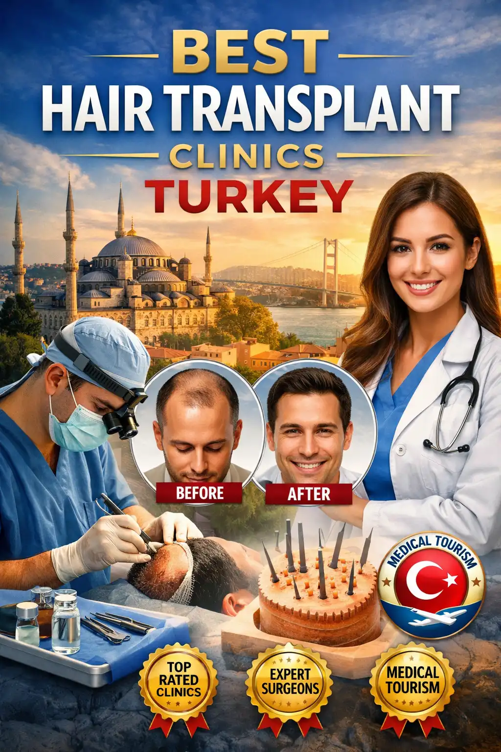 Best hair transplant clinics in Turkey showing expert surgeons, before and after results, and modern medical facilities