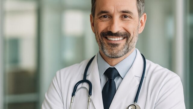 Smiling orthopedic surgeon in white coat with Dubai skyline in background – Best Orthopedic Surgeon Dubai 2025