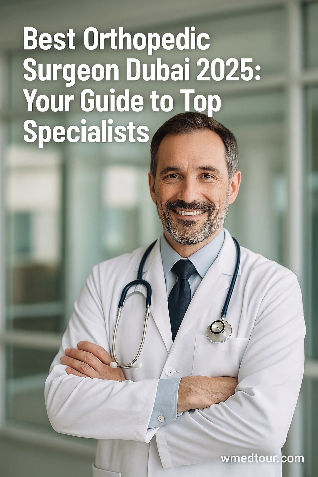 Smiling orthopedic surgeon in white coat with Dubai skyline in background – Best Orthopedic Surgeon Dubai 2025