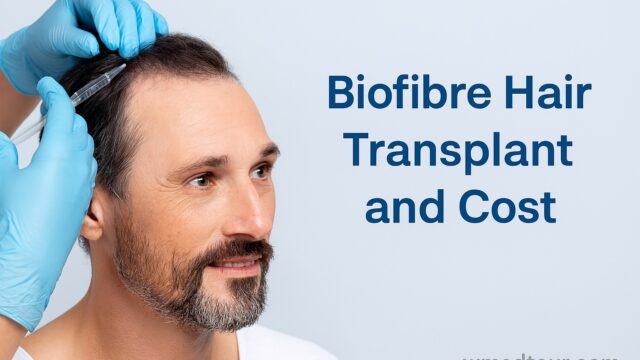 Man receiving Biofibre hair transplant with syringe and gloved hands visible