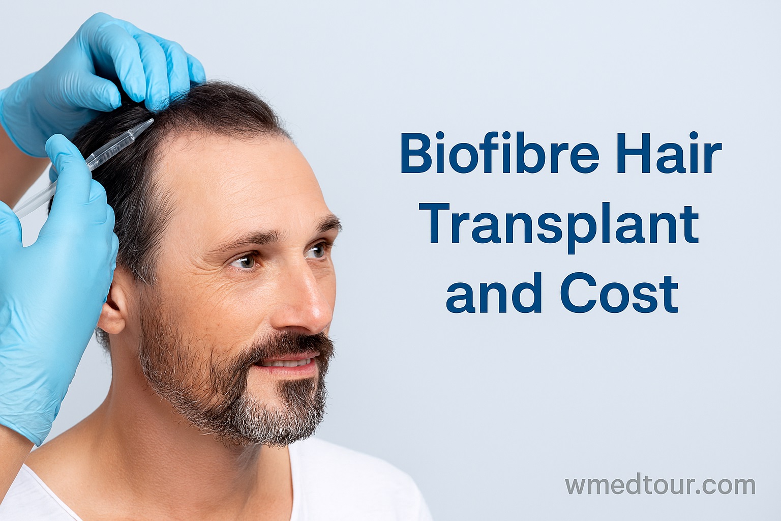 Man receiving Biofibre hair transplant with syringe and gloved hands visible