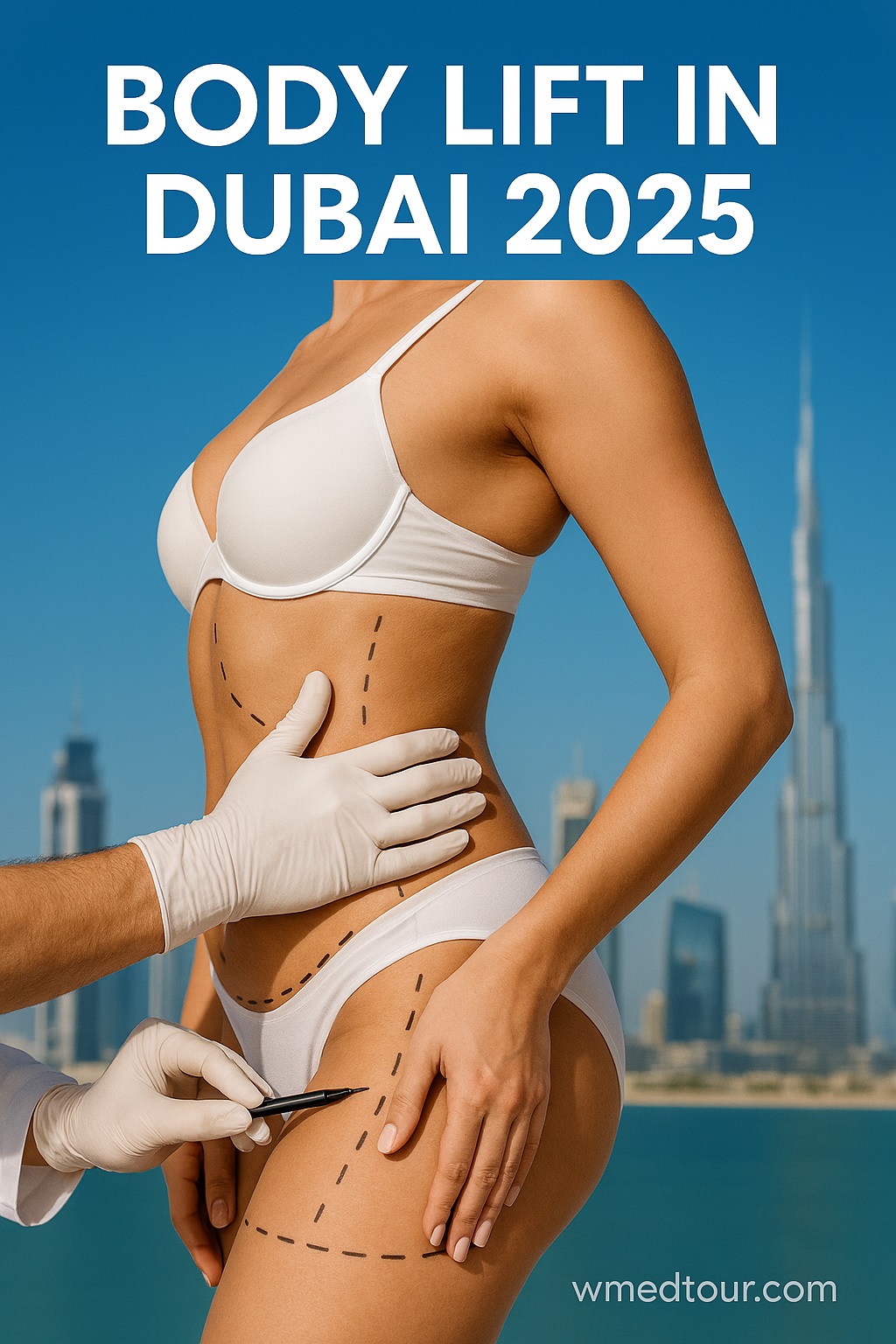 Side view of a woman undergoing body lift procedure with Dubai skyline in the background, highlighting medical tourism in 2025.