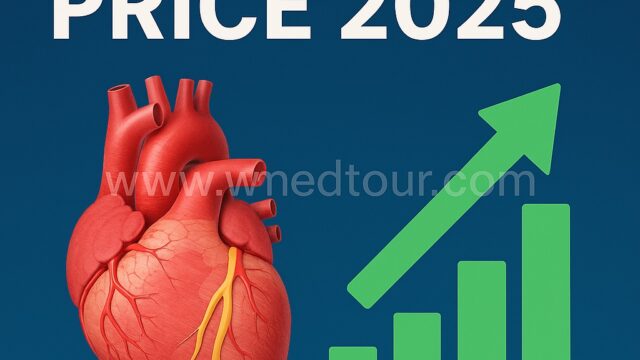 Digital illustration of a human heart with highlighted coronary artery bypass grafts, upward green arrow and bar graph indicating rising CABG costs in 2025, with watermark www.wmedtour.com