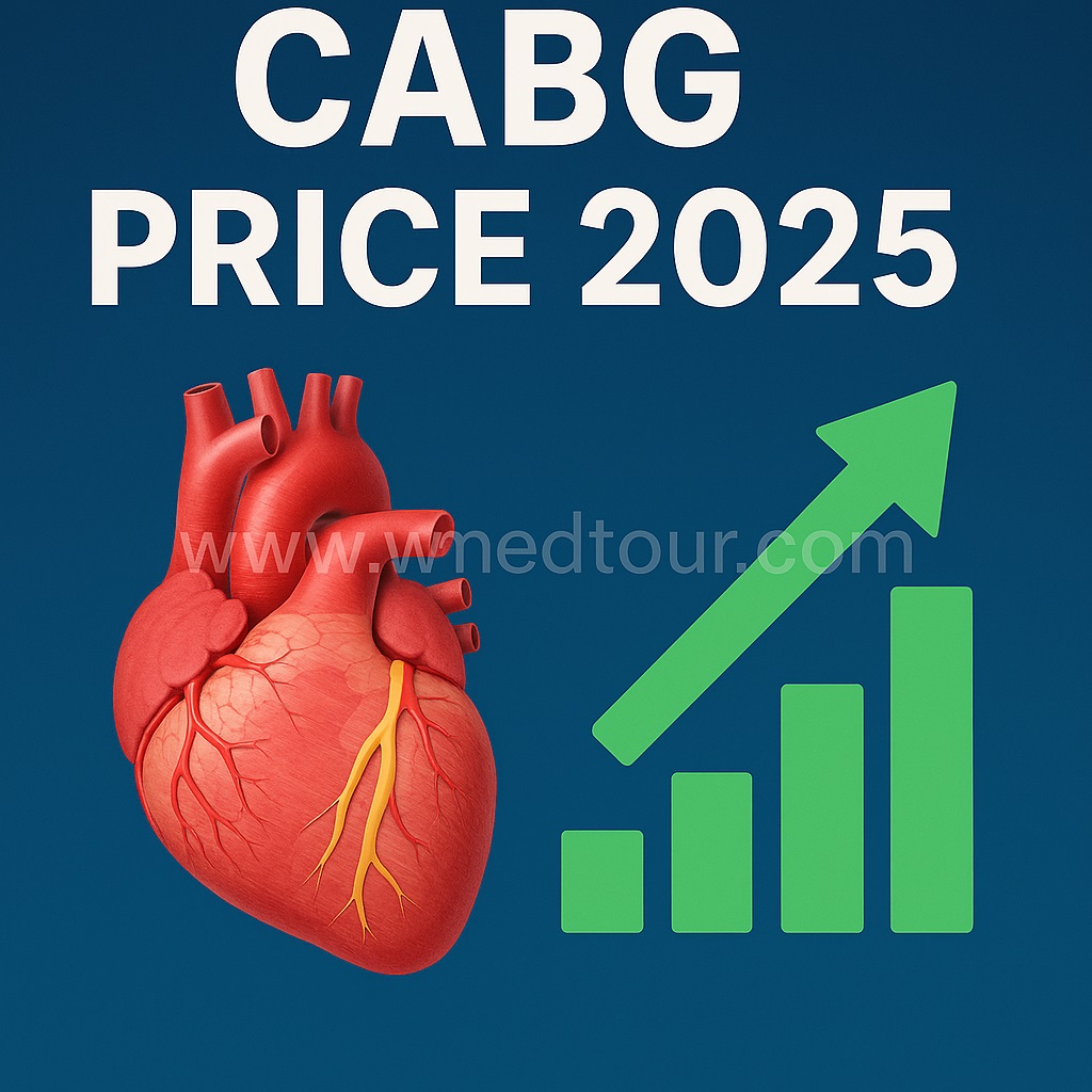 Digital illustration of a human heart with highlighted coronary artery bypass grafts, upward green arrow and bar graph indicating rising CABG costs in 2025, with watermark www.wmedtour.com