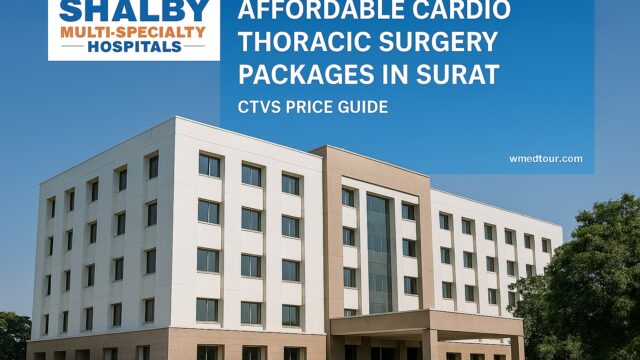 Shalby Multi-Specialty Hospitals Surat building with CTVS surgery package banner