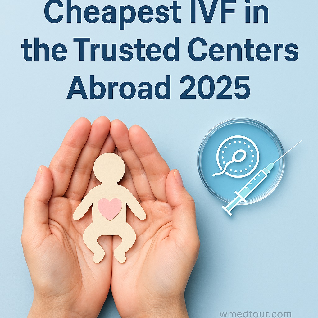 Hopeful couple consulting with a fertility specialist in a modern clinic abroad, symbolizing affordable IVF options in 2025.