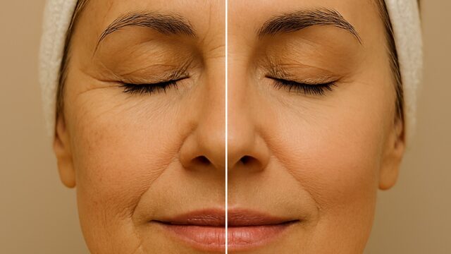 Before-and-after comparison of a woman's face after CO2 laser wrinkle treatment