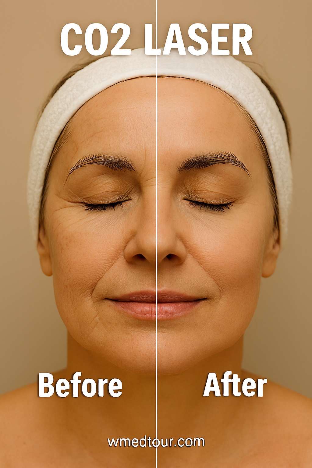 Before-and-after comparison of a woman's face after CO2 laser wrinkle treatment