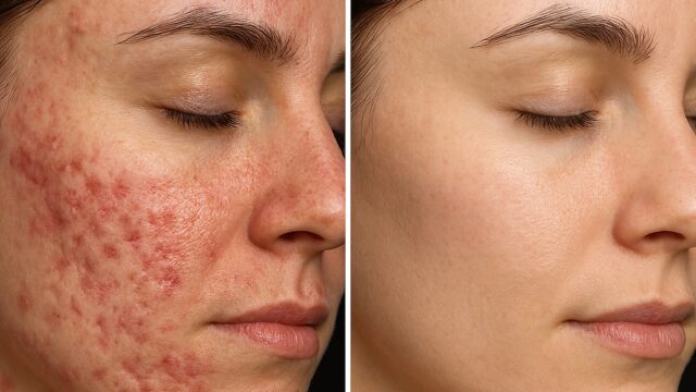 Side-by-side comparison of acne scars before and after CO2 laser treatment, showing dramatic skin improvement
